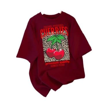 Imagem de Camiseta Feminina De Algodão Com Gola Redonda, Estampa De Cerejas Sele