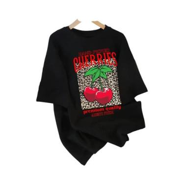 Imagem de Camiseta Feminina De Algodão Com Gola Redonda, Estampa De Cerejas Sele