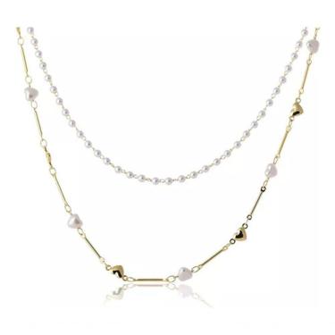 Imagem de Colar Duplo com Corrente de Perola e Mini Corações Dourados Banhado em Ouro 18K Dourado