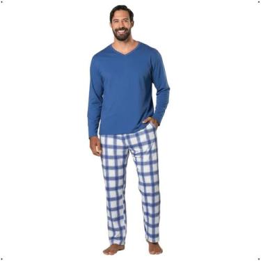 Imagem de Pijama Longo Masculino Xadrez DeMillus 285417 Inverno Algodã, Azul jea