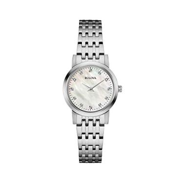 Imagem de Bulova Relógio feminino de quartzo clássico, aço inoxidável, diamante, Prata, Mostrador de madrepérola