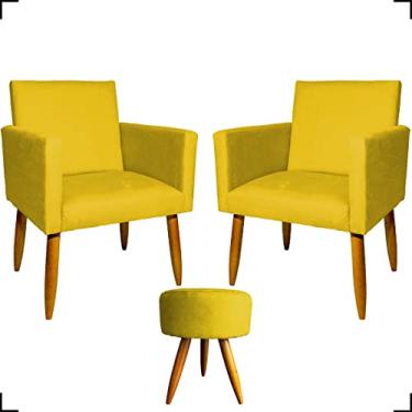 Imagem de Kit 2 Poltronas Decorativas Para Sala + Puff Redondo Para Recepção Manicure Sala De Espera Consultório Escritório Sala De Estar Suede Cores Pé Castanho - Clique & Decore (Amarelo)