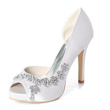 Imagem de Sapatos de noiva de casamento feminino stiletto marfim peep toe cetim sapatos de salto alto com strass 35-42,White,7 UK/40 EU