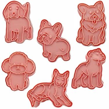 Imagem de 3D Dog Shaped Cookie Stamps Set, 6 pcs of Food Grade Plastic Doggy Stamping Cookie Cutters Fondant Stamper Set for Baking (Pink)