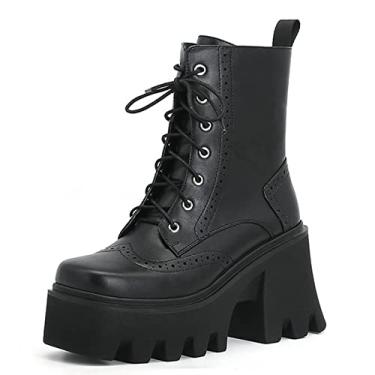 Imagem de Botas de plataforma de tornozelo femininas robustas com cadarço punk de salto alto gótica motocicleta botas de combate,Black,11 UK/44 EU