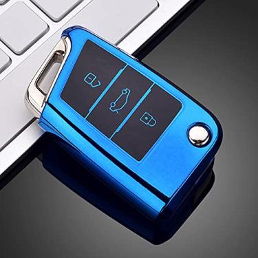 Imagem de YJADHU Chaveiro de capa de chave de carro TPU macio anel de chaveiro, apto para Volkswagen VW Golf 7 mk7 Seat Ibiza Leon FR 2 Altea Aztec Skoda Octavia, azul