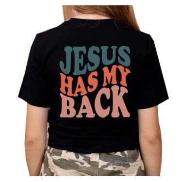 Imagem de Camiseta feminina cristã Jesus Has My Back retrô Goovy manga curta, Preto, M