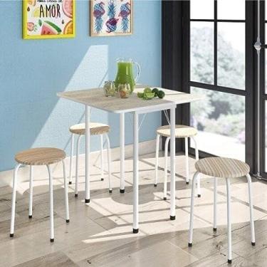 Imagem de Conjunto de Cozinha Mesa Dobrável Asti 100 Narita e 4 Banquetas Redondas Bona Vita Móveis Narita/Listrado