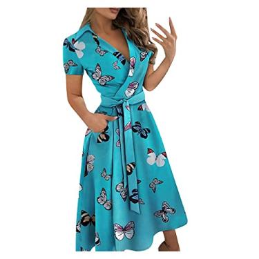 Imagem de UIFLQXX Vestidos de verão 2023 com decote em V e laço longo vestido fino feminino envoltório moda quadris body estampado vestido feminino manga curta, Azul, XXG