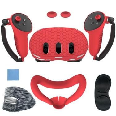 Imagem de Conjunto de acessórios de 7 peças, capa protetora de silicone VR frontal, capa para o controle, capa facial resistente a arranhões e capa para lentes. Adequado para Meta Quest 3 (A, vermelho)
