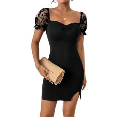 Imagem de Camisa Feminina Contrast Mesh Puff Sleeve Ruched Split Hem Bodycon Dress (Color : Black, Size : L)