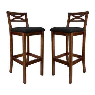 Imagem de Kit 2 Banquetas Alta Estofada 38x104Cm Ilha Encosto Madri Madeira Maciça Castanho Suede Preto - CCS