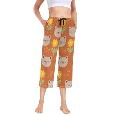 Imagem de KLL Calça de pijama feminina elástica feminina cropped leve calça de dormir feminina desenho animado gato e flor laranja, Desenho animado de gato e flor laranja, G