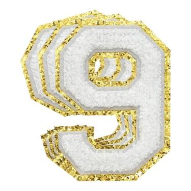 Imagem de 3 Pçs Remendos de Número de Chenille Remendos Dourados Glitter Ferro em Remendos de Letras Varsity Remendos Bordados de Chenille Remendos Costurados para Roupas Chapéu Bolsas Jaquetas Camisa (Ouro, 9)