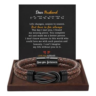 Imagem de Presentes de Natal para homens pulseira de couro marrom preto trançado Forever I Love You presentes para ele pulseiras de punho infinito presentes de aniversário para namorado filho neto marido pai homens meias de enchimento para meninos adolescentes, 9 Inches, Metal, Sem pedras preciosas