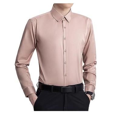 Imagem de Camisa social masculina Ice Silk cor sólida manga longa camisa formal slim fit camisa ajuste muscular, Rosa, M