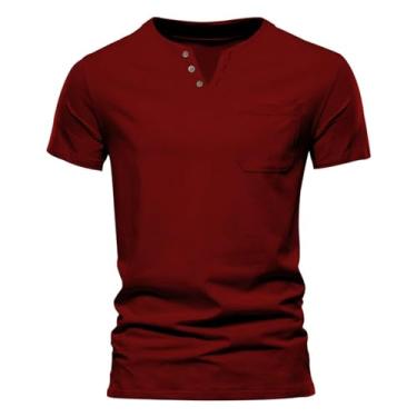 Imagem de Camisetas masculinas manga curta slim fit cor sólida gola V esportes Henley camisa com bolso, Vermelho jujuba, XG