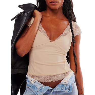 Imagem de CYCLAMEN Camiseta feminina de verão 2024 decote V profundo costas nuas para sair com renda manga curta slim fit camiseta básica Y2K, Bege, G