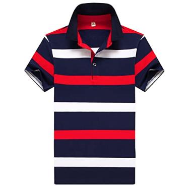 Imagem de Camisa polo masculina de malha com listras de algodão, ajuste regular, absorção de umidade, verão seco, clássico(Color:Blue-red,Size:XXXXL)