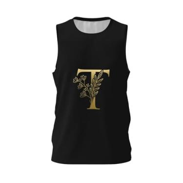 Imagem de Camiseta masculina de basquete - regata de malha clássica - elegante ouro preto sobrenome letra F, 4, GG