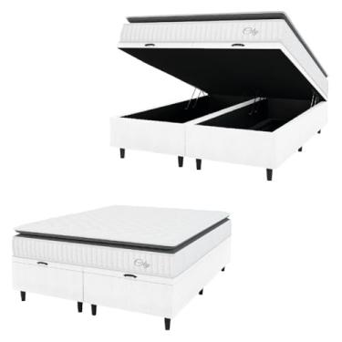 Imagem de Cama Box Colchão Baú Casal King Molas Ensacadas City Pillow Top 193x203x64cm Linho Branco/Cinza Hellen - Suporta até 110kg por Pessoa