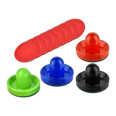 Imagem de Colaxi 4 empurradores de air hockey e 8 discos deslizantes empurradores de meta alças padrão conjunto de substituição de discos de air hockey de 2,5, 4 cores
