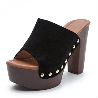 Imagem de GUNIYIFS Sandália feminina plataforma de salto para mulheres salto grosso verão elegante couro peep toe mule sandálias salto bloco, Preto, 38