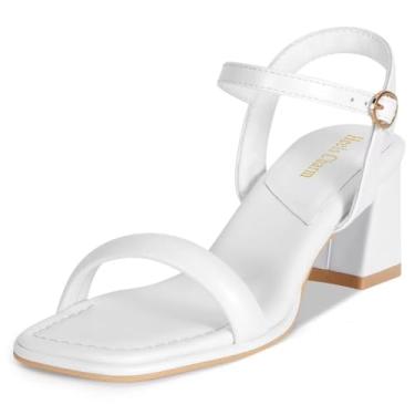 Imagem de Heels Charm Sandália feminina de salto grosso, salto alto, 6 cm, bico aberto, tira no tornozelo, salto alto, sandália para dança, uso diário, trabalho, festa, Branco, 36