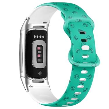Imagem de Pulseira de silicone macio compatível com Fitbit Charge 5/Fitbit Charge 6 (ícone de linha azul com estampa de pata) para mulheres e homens