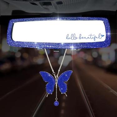 Imagem de Forala 3 pacotes de espelhos retrovisores de carro brilhantes com borboleta de cristal acessórios para mulheres interior universal clipe grande angular espelho retrovisor (azul royal)