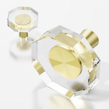 Imagem de Puxadores de gaveta de armário de vidro 4 conjuntos de puxadores de armários escovados de cristal dourado, base de latão sólido armário armário cômoda gavetas puxadores de ferragem, cozinha, banheiro,