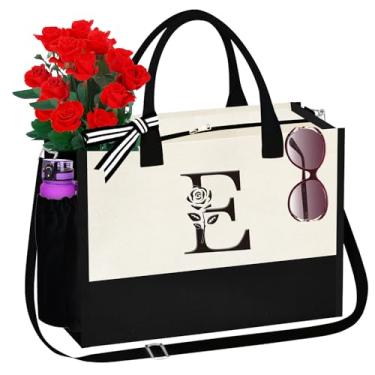 Imagem de TuosuFeel Sacola inicial personalizada para mulheres, sacolas de lona monogramada, presentes de aniversário com zíper para mulheres, letra (E), Branco e preto., One Size, E