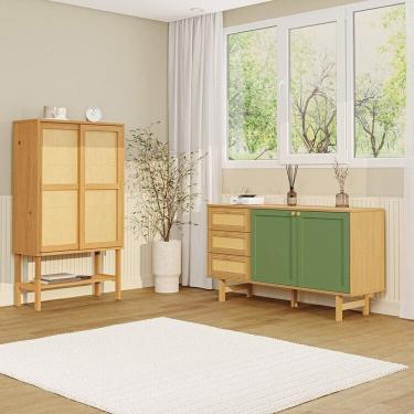 Imagem de Kit Buffet 2 Portas Laca 3 Gavetas Rattan com Cristaleira Porta Rattan Magna Cabecasa Madeiramadeira Mel/Verde