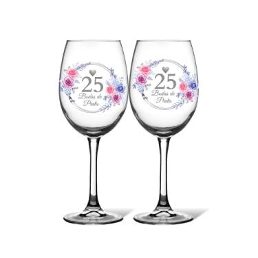Imagem de Kit 2 Taças De Vinho 465ml Vidro Personalizada Bodas De Prata 25 Anos Casamento Celebração Presente Casal Luxo Taça Comemorativa Estampada