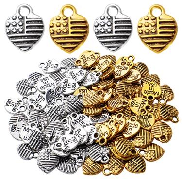 Imagem de 100 pingentes em forma de coração de liga de liga americana, pingente de bandeira de coração pingentes para colar pulseira, fabricação de joias artesanais, ouro antigo e prata antiga