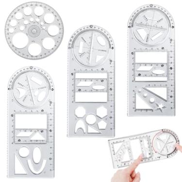 Imagem de Bntyok Régua geométrica multifuncional, 4 peças, régua geométrica, régua de desenho, régua, régua de medição, ferramenta de desenho geométrico para estudantes de arquitetura, escola e escritório