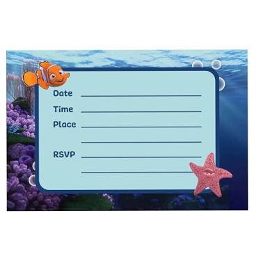 Imagem de NATURAL BEHAVIOUR Conjunto de 20 cartões e envelopes de convite de feliz aniversário com tema Procurando Nemo - Leve (240 g), convites estilo cartão postal para o pacote de festa perfeito