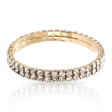 Imagem de Pulseira de strass feminina - Pulseira elástica de duas fileiras com strass - banhada a prata ou ouro - cristais genuínos brilhantes - casamento, baile, festa, concurso, roupa noturna, pulseira de