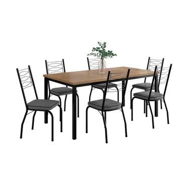 Imagem de Conjunto de Mesa Retangular com Tampo de MDP Amadeirado e 6 Cadeiras Adriana Revestimento Sintético Platina e Preto