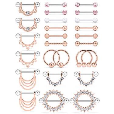 Imagem de Kridzisw Anéis de língua de mamilo 14 G 6 pares de piercings de bico de aço cirúrgico para mamilos anel de proteção barra piercing de argola forma redonda CZ para mulheres e meninas
