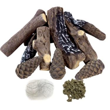 Imagem de MrGas Log Conjunto De 10 Peças De Toras De Lareira Falsas De Tamanho Pequeno Com Pinhas, Inserções De Gás Para Lareira De Toras De Madeira De Cerâmica, Toras Artificiais Ventiladas Resistentes Ao Ca