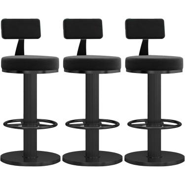 Imagem de Conjunto de 3 cadeiras de bar modernas de veludo giratórias - Banco de bar com altura ajustável para bar em casa, cozinha, ilha, cadeira, preto + preto, tamanho único