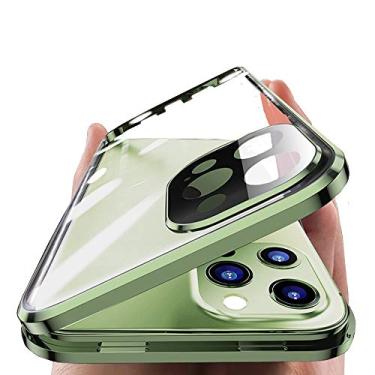 Imagem de HENGHUI Capa magnética bloqueável para iPhone 13 Pro Max - Capa de vidro com lente de câmera e protetor de tela - Trava de segurança - Capa de corpo inteiro 360 - Verde transparente (13ProMax)