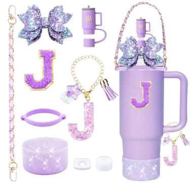 Imagem de 9 peças de acessórios de copo Stanley Bling para copo de 850 g e copo de 1134 g com alça, incluindo pingente de iniciais, alça de couro, decoração de arco de palha, topo de palha, bota, tampa à prova