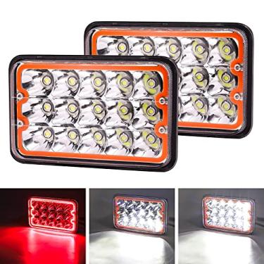 Imagem de 2 peças 4 x 6 luzes LED halo vermelho, 6 x 4 luzes de LED retangulares luz de LED alta baixa selada H4 soquete de substituição H4651 H4652 H4656 H4666 H6545 para caminhões Peterbilt Kenworth Ford Van