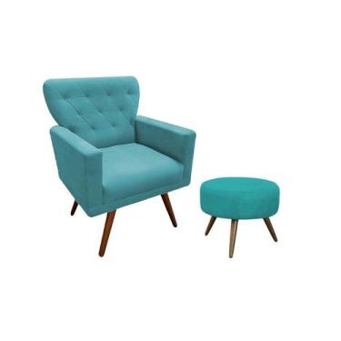 Imagem de Kit Poltrona Decorativa Aurora + 1 Puff Redondo Suede Azul Turquesa Pé
