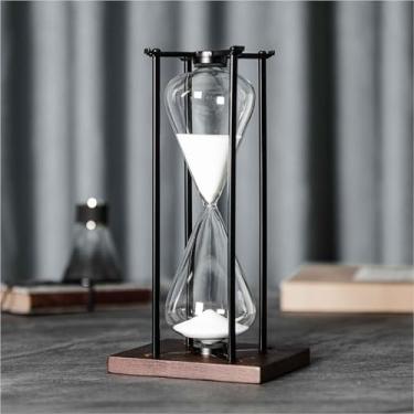 Imagem de ELAINESTORE Temporizador de ampulheta de 60 minutos, moldura metálica decorativa com base de madeira removível (areia branca, tamanho grande)