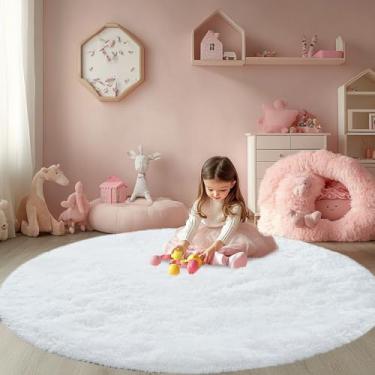 Imagem de Tapetes redondos para quarto branco: Tapete de área de círculo fofo de 90 cm para quarto de crianças - Tapete felpudo felpudo para quarto de meninas - Tapete de pelúcia macio para dormitório, tapete
