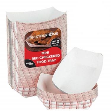Imagem de Mini barcos de papel pequenos (pacote com 250) 11,3 kg Bandejas de papel quadriculado vermelho e branco descartáveis, bandejas de papel ecológicas para alimentos, barcos de servir para concessão de