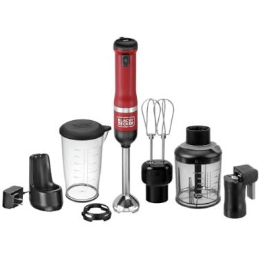 Imagem de BLACK+DECKER Varinha de cozinha misturador de imersão, sem fio, conjunto 4 em 1, inclui abridor de latas, cortador de alimentos e mais, vermelho (BCKM1014K06)